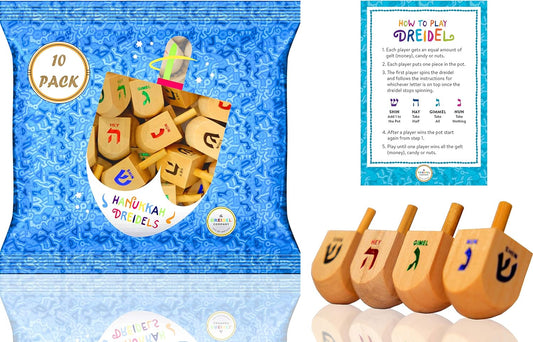 Natural Wood Dreidels Hanukkah (10-Pack)